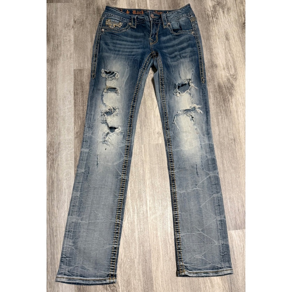 Rock Revival Betty Straight Distressed Jeans Medium Wash Fleur De Lis Size 25